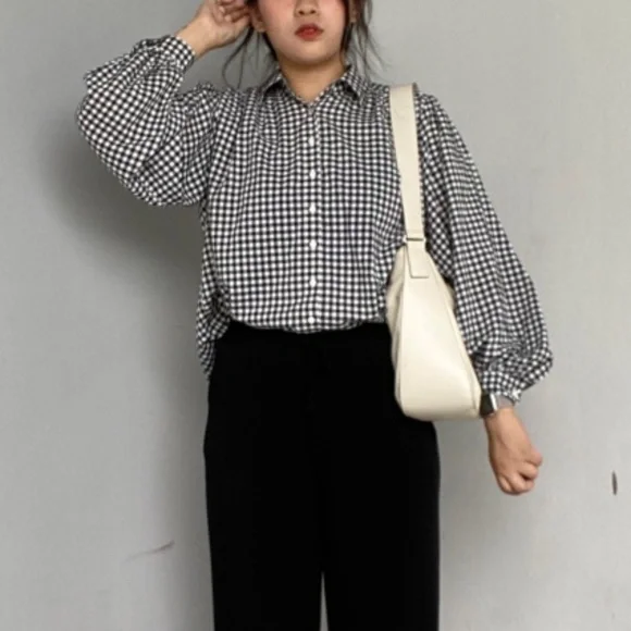 NWT Uniqlo Gathered Checked Volume Long Sleeve Blouse - Picture 1 of 6